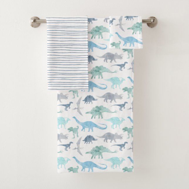 Blue and Green Watercolor Dinosaur Bath Towel Set (Insitu)
