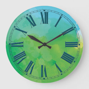 Blue and Green Watercolor Effect Large Clock
