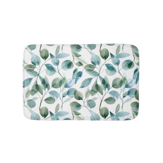 Blue and Green Watercolor Eucalyptus Plants Bath Mat (Front)