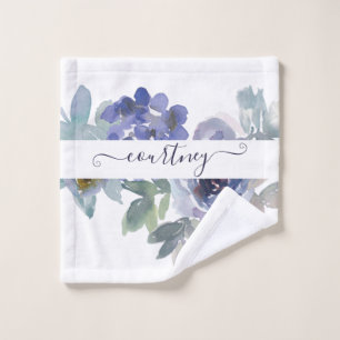 Blue and green watercolor floral personalised bath towel set