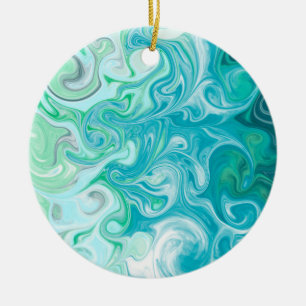 Blue and Green Waves Digital Fluid Art      Ceramic Ornament
