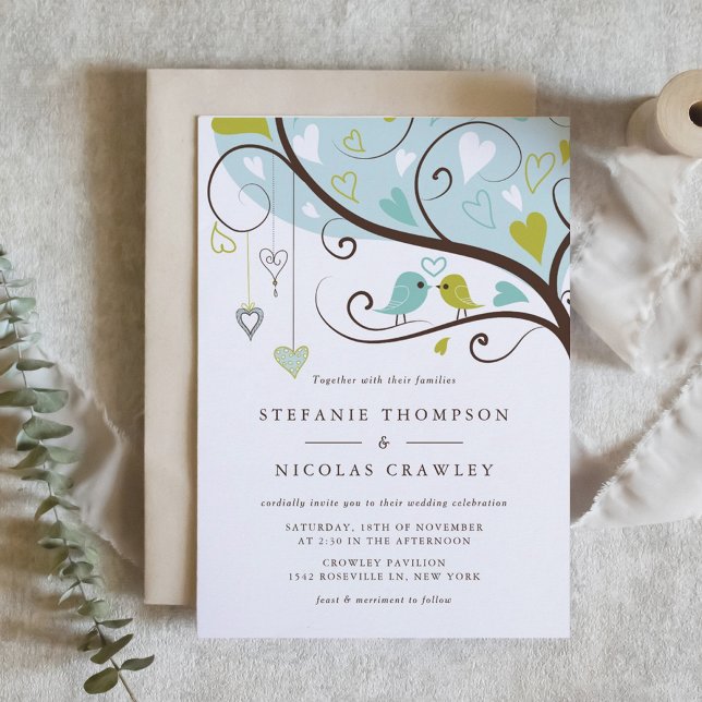 Blue and Green Whimsical Lovebirds Wedding Invitation (Blue and Green Lovebirds Wedding Invitation)