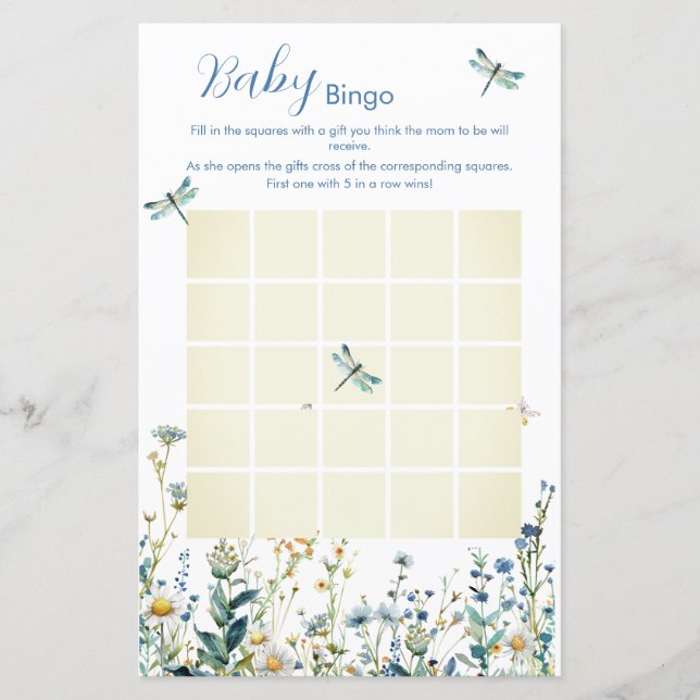 Blue and Green wildflower baby shower Bingo game (Front)