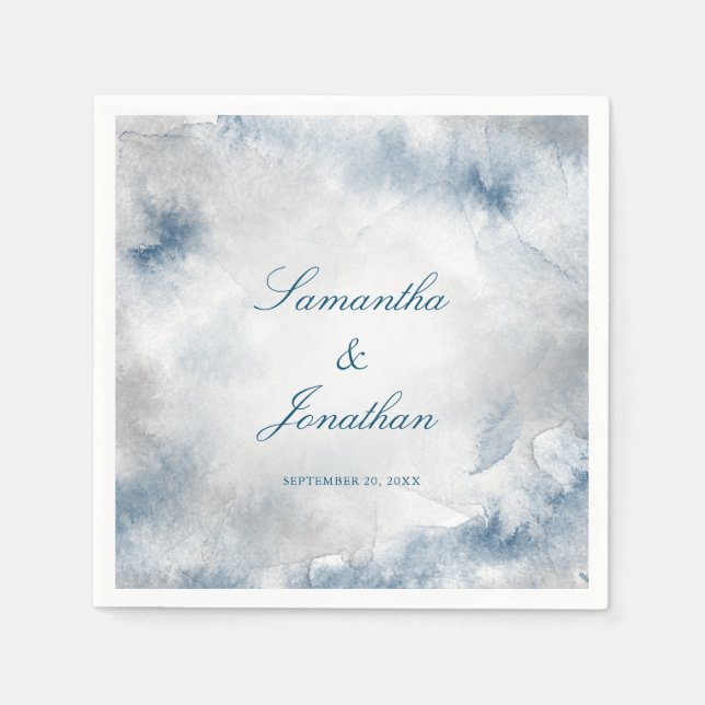 Blue and Grey Abstract Watercolor Wedding Napkin (Front)