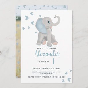 Blue and Grey Baby Elephant 1st Birthday Photo Invitation