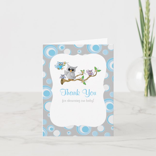 Blue and Grey Baby Owl Baby Shower Thank You (Front)