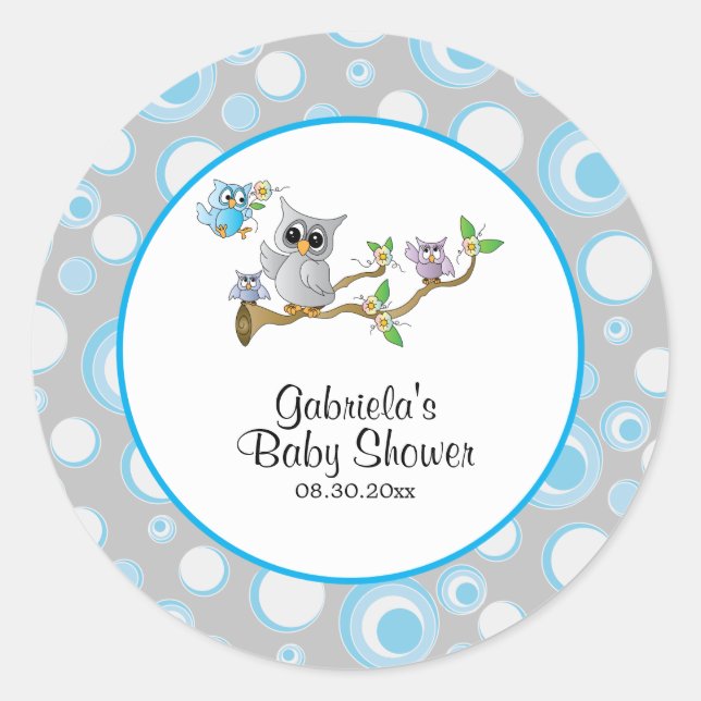 Blue and Grey Baby Owl Baby Shower Theme Classic Round Sticker (Front)