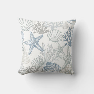 Blue And Grey Beachy Starfish Seashell Pattern Cushion
