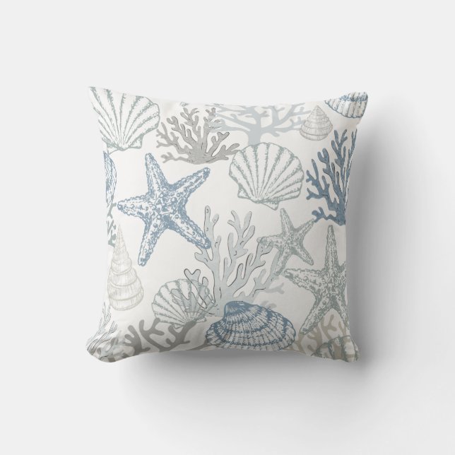 Blue And Grey Beachy Starfish Seashell Pattern Cushion (Front)