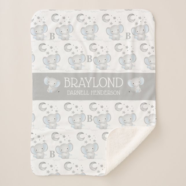 Blue and Grey Boy Elephant Baby Name Sherpa Blanket (Front)