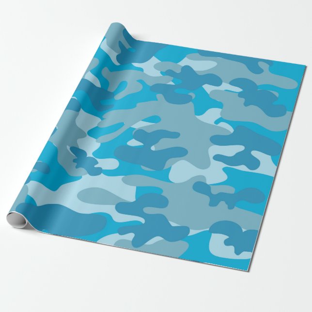 Blue and Grey Camo Design Wrapping Paper (Unrolled)