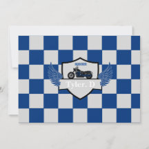 Blue and grey chequered and motorcycle