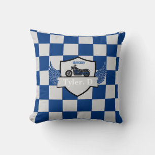 Blue and grey chequered and motorcycle cushion