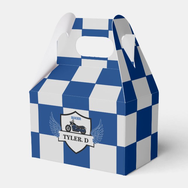 Blue and grey chequered  favour box (Front Side)