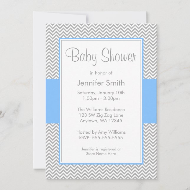 Blue and Grey Chevron Baby Shower Invitations (Front)