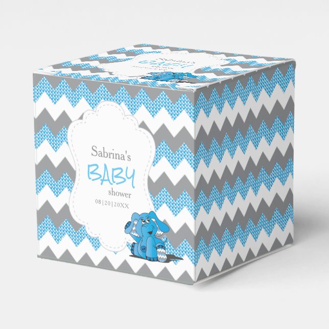 Blue and Grey Chevron Elephant Baby Shower Favour Box (Front Side)