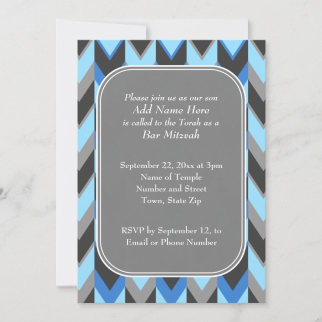 Blue and Grey Chevron Pattern Bar Mitzvah Invitation (Front)
