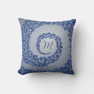 Blue and Grey Damask Monogram Cushion
