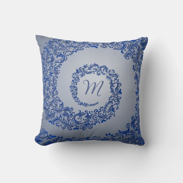 Blue and Grey Damask Monogram Cushion (Front)