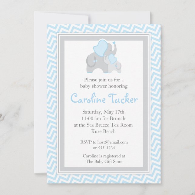 Blue and Grey Elephant Baby Boy Shower Chevron Invitation (Front)