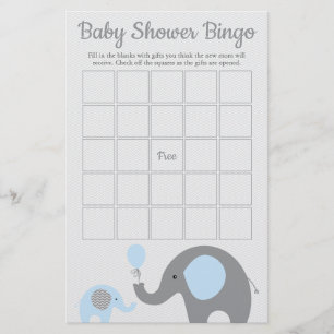 Blue and Grey Elephant Baby Shower Bingo Game Card