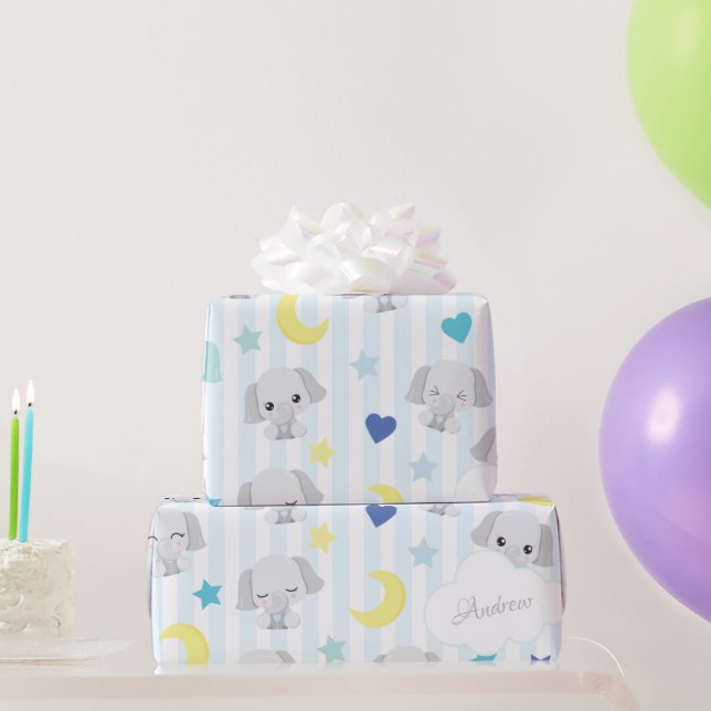 Blue and Grey Elephant Pattern Baby Boy Striped Wrapping Paper (Party Gifts)