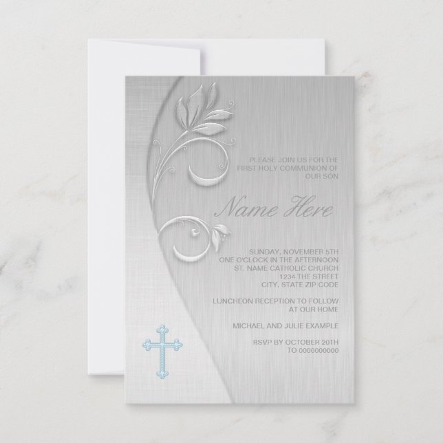 Blue and Grey First Communion Invitation (Front)