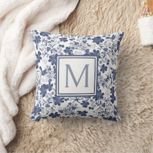 Blue and Grey Floral Monogram Cushion