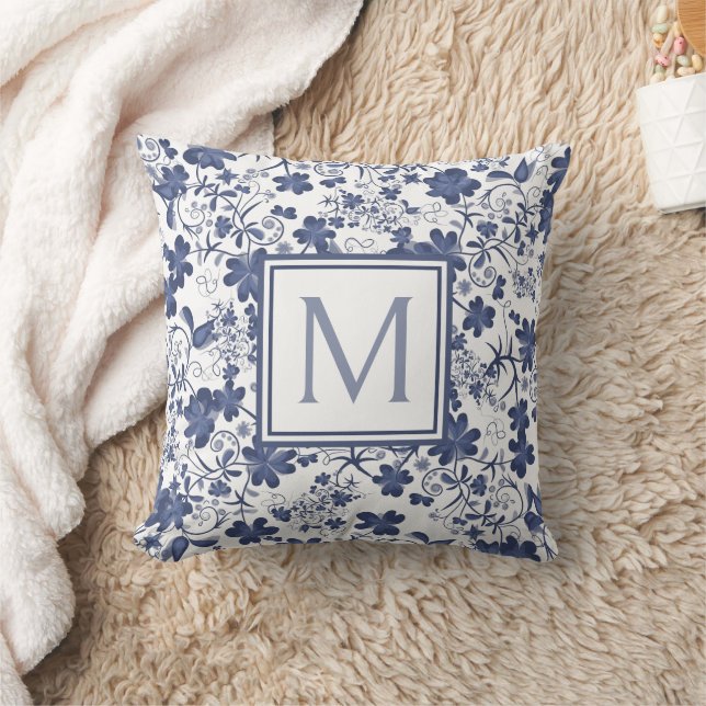 Blue and Grey Floral Monogram Cushion (Blanket)