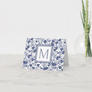 Blue and Grey Floral Monogram Note Card