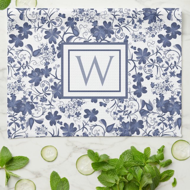 Blue and Grey Floral Monogram Tea Towel (Folded)