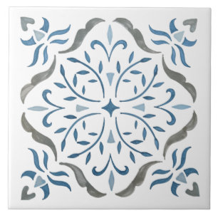 Blue and grey flourish  ceramic tile