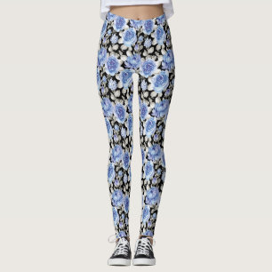 Blue and grey Flowers watercolor pattern Leggings