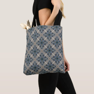 Blue and Grey Geometric Diamond Pattern Tote Bag