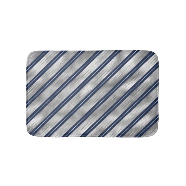 Blue and Grey Glossy Stripes Bath Mat (Front)