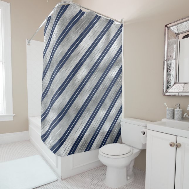 Blue and Grey Glossy Stripes Shower Curtain (In Situ)