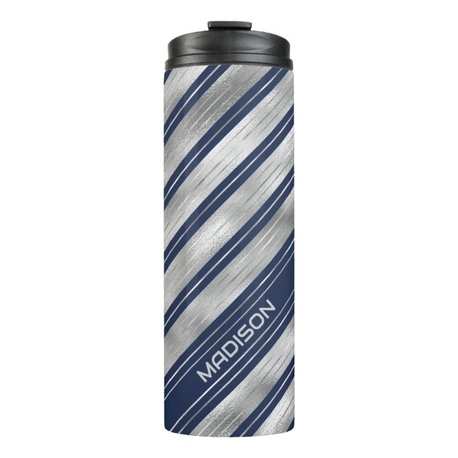 Blue and Grey Glossy Stripes  Thermal Tumbler (Front)