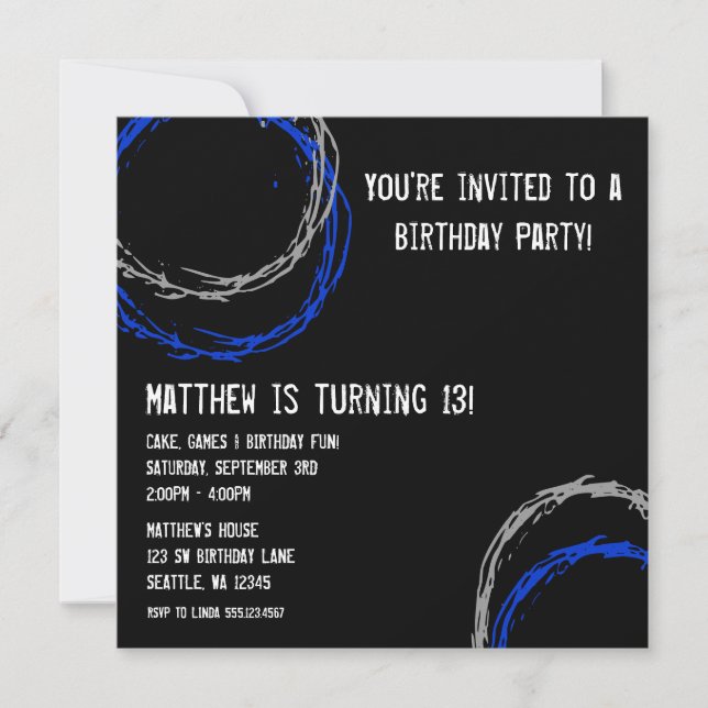 Blue and Grey Grunge Circles Boy Birthday Party Invitation (Front)