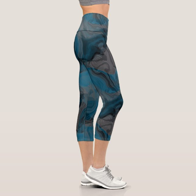 Blue and Grey Marble Abstract Capri Leggings (Right)