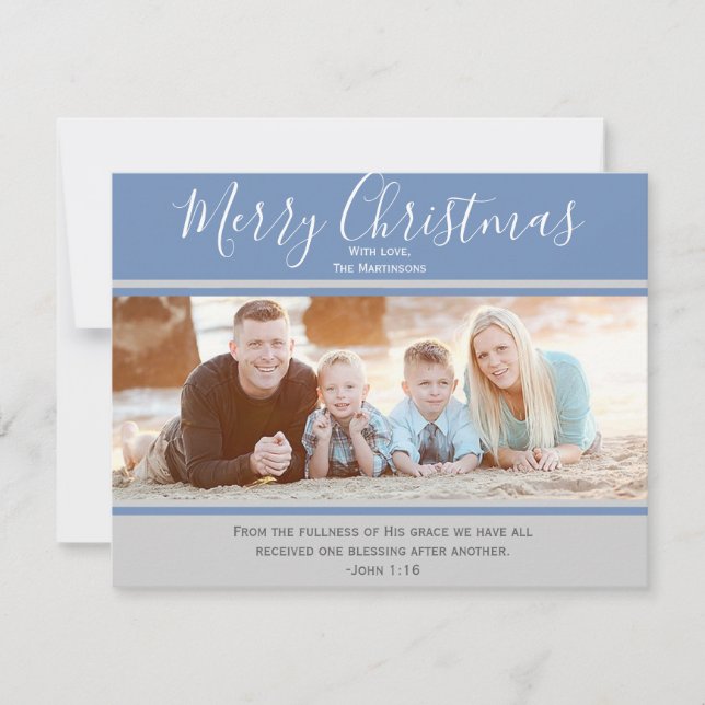 Blue and Grey  Merry Christmas Photo Card (Front)