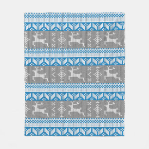 Blue and Grey Norwegian Alpine Christmas Deer Fleece Blanket