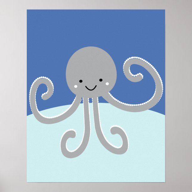 Blue and Grey Ocean Life Octopus Nursery Print (Front)