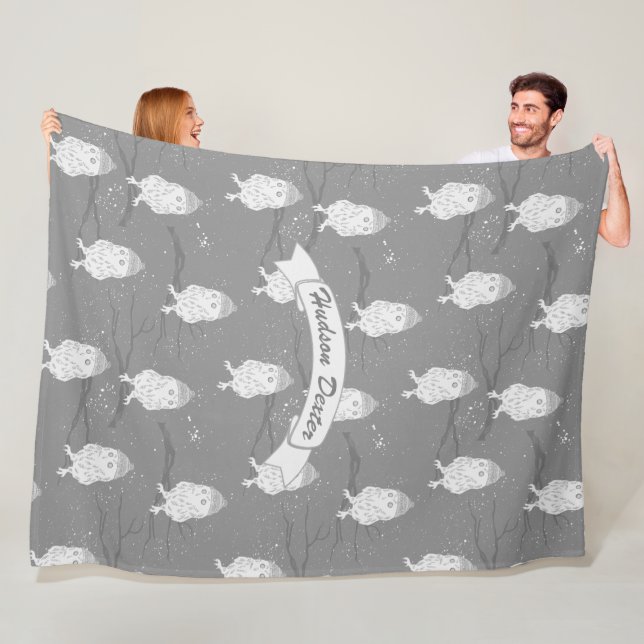 Blue and Grey Owl Sitting on a Branch Pattern Fleece Blanket (In Situ)