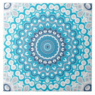 Blue and Grey Painted Medallion Pattern Ceramic Tile