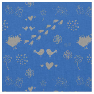 blue and grey pattern of birds, dots, footsteps, f fabric