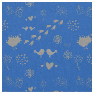 blue and grey pattern of birds, dots, footsteps, f fabric