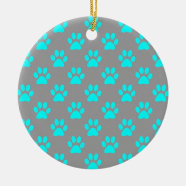 Blue and grey paws pattern ceramic tree decoration (Front)