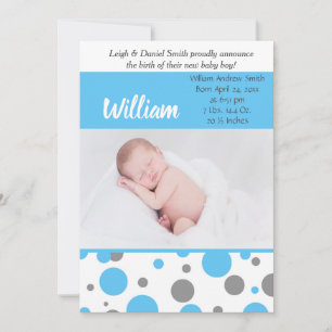 Blue and Grey Polka Dots Baby Boy Photo Birth Announcement