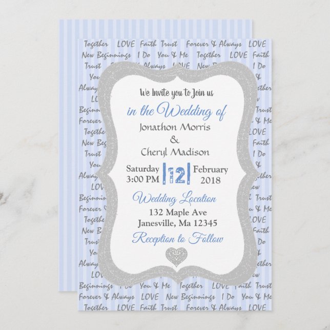 Blue and Grey Romantic Text Wedding Invitation (Front/Back)