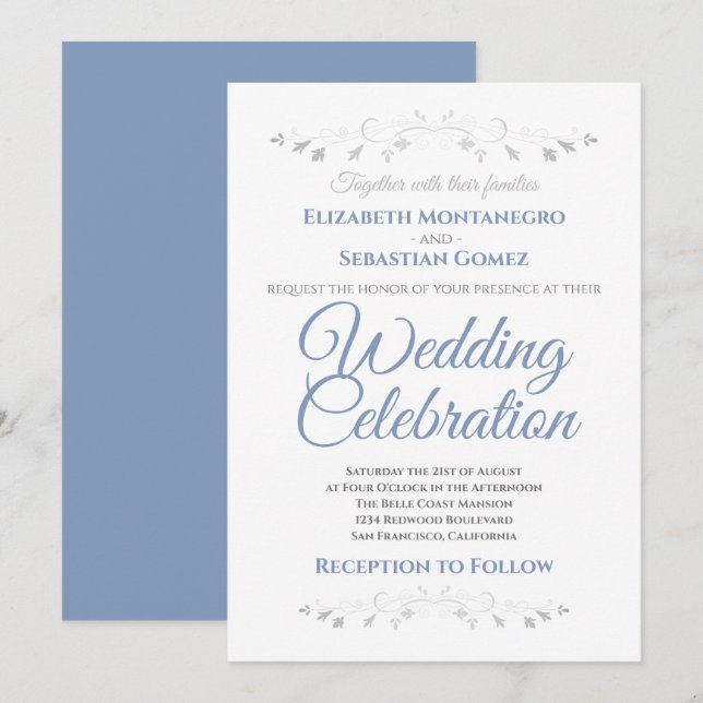 Blue and Grey Simple Elegant Wedding Invitation (Front/Back)